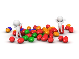 3D characters jumping and colorful Easter eggs