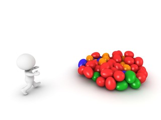 3D Character running to get pile of Easter eggs