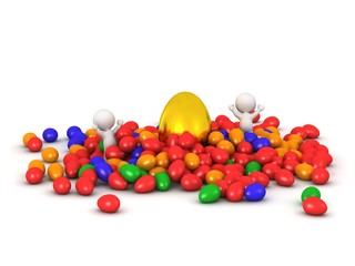 Obraz premium 3D Characters with Golden Easter Egg and Colorful Easter Eggs