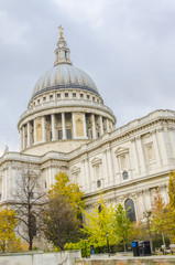 St. Paul Cathedral with autumn garden in London, UK