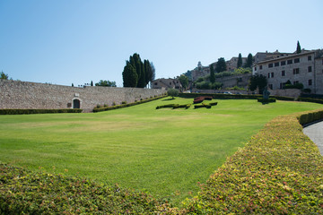 lawn of the Basilica of St. Francis Assisi peace with written