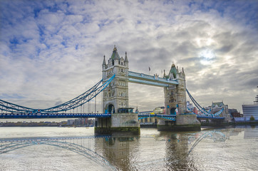 Tower Bridge in the morning, London, UK with dramatic sky