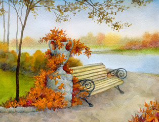 Decorative bench in autumn park