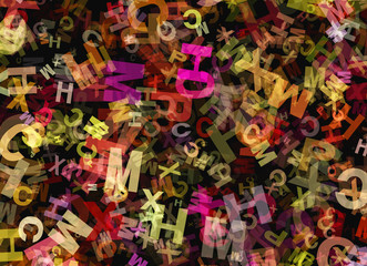 Fototapeta na wymiar heap of abstract chaotic multicolored alphabet letters