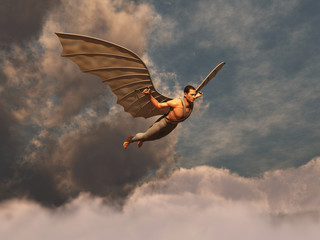 Hombre volando con alas artificiales - obrazy, fototapety, plakaty