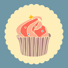 Vintage vector illustration of cupcake with star.
