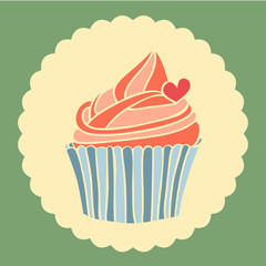 Vintage vector illustration of cupcake with heart.