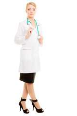 Woman doctor in lab coat with stethoscope. Medical