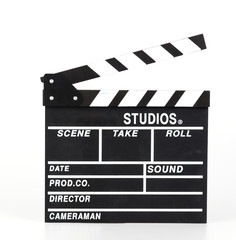 Obraz premium Clapper movie board isolated white background