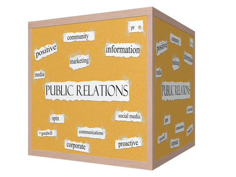 Public Relations 3D cube Corkboard Word Concept