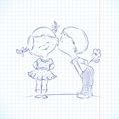 Hand drawn Illustration of kissing boy and girl