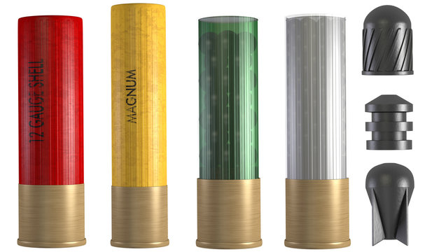 Set of different types of shotgun ammunition including slugs