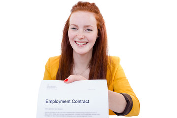 Happy young woman is happy about her employment contract - 63839000