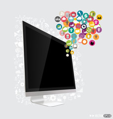 Computer display with cloud of application. Vector illustration.