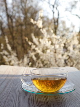 cups of tea on wooden table with blossoming cherry background