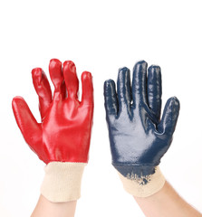 Two protective gloves on hands.