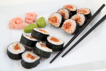 sushi set on white plate. Traditional japanese sushi rolls