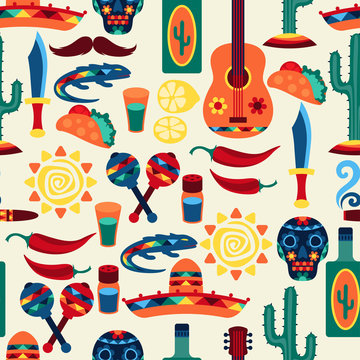 Mexican seamless pattern with icons in native style.