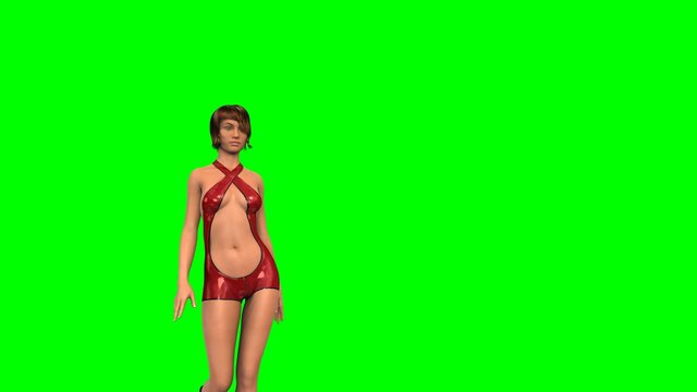 Hot Girl in sexy latex Dress walk  -  green screen