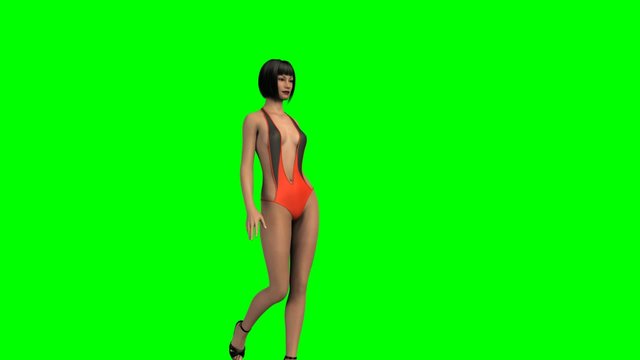 Hot Girl in sexy swimsuit walk  -  green screen