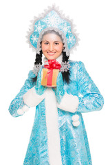 Young brunette in a suit of snow maiden