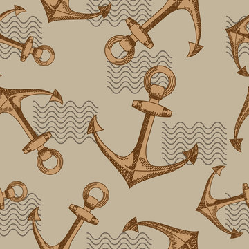 Seamless vector pattern with anchors and waves.