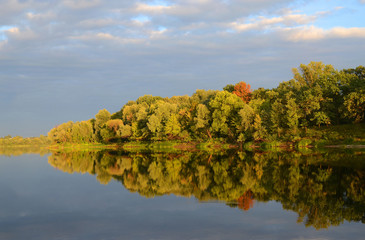 Trees on the waterfront reflected in the mirrored water