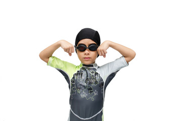 Little boy in swimming goggles  on white background