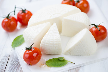 Close-up of adygea cheese, baked tomatoes and mint
