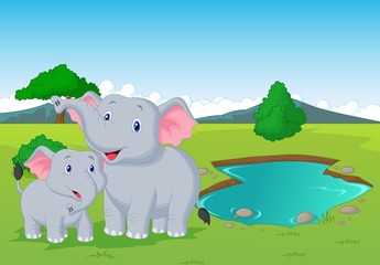 Cartoon elephant family near watering hole