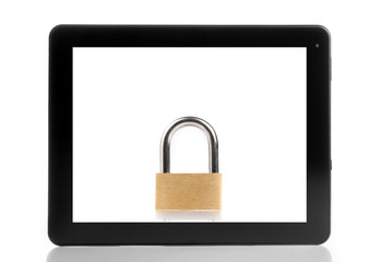 lock inside digital tablet pc on white background