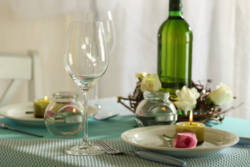 Beautiful holiday Easter table setting in blue tones,