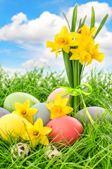 Fototapeta premium easter eggs and flowers with blue sky