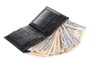 Money in  black leather wallet.