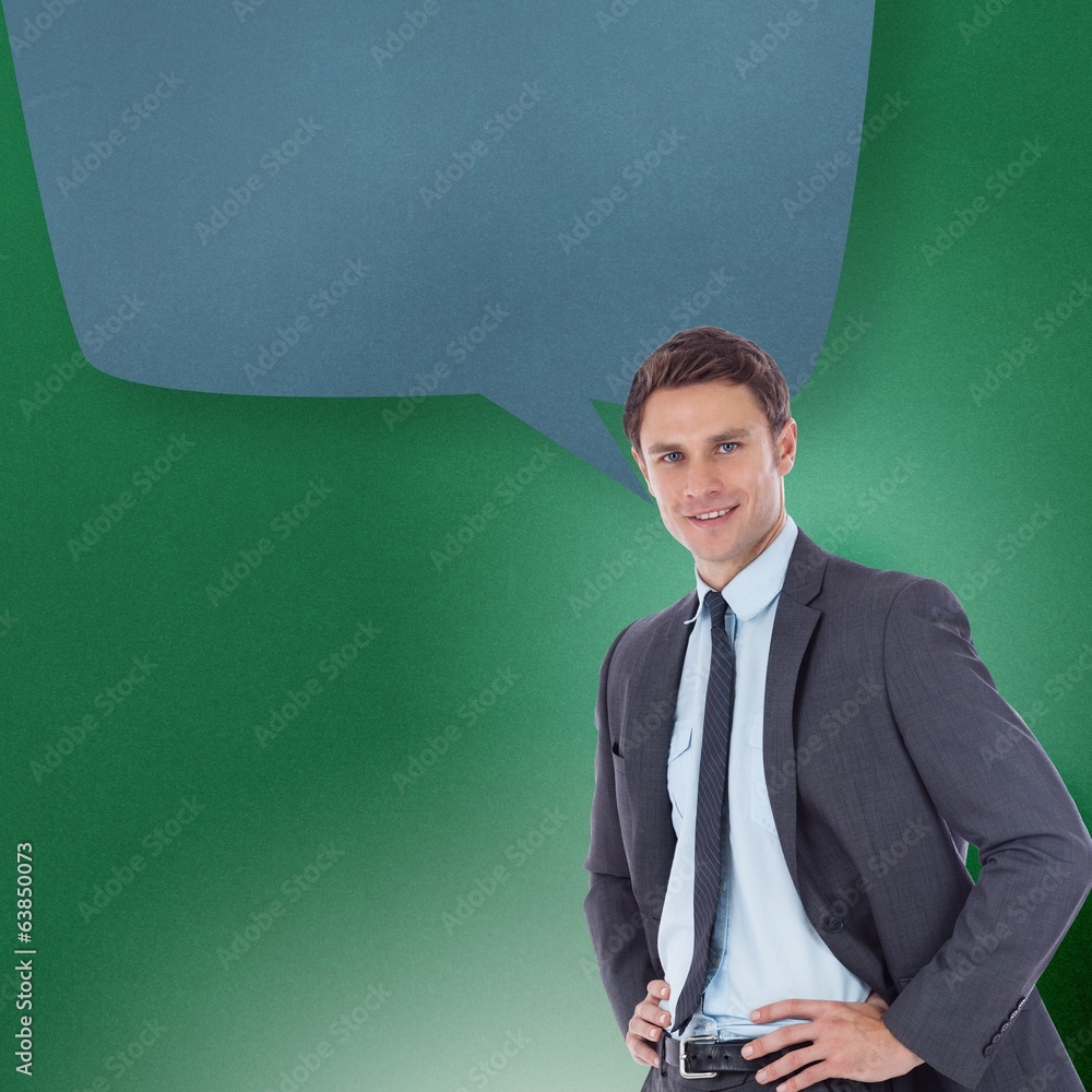 Poster Composite image of smiling businessman with hands on hips with s