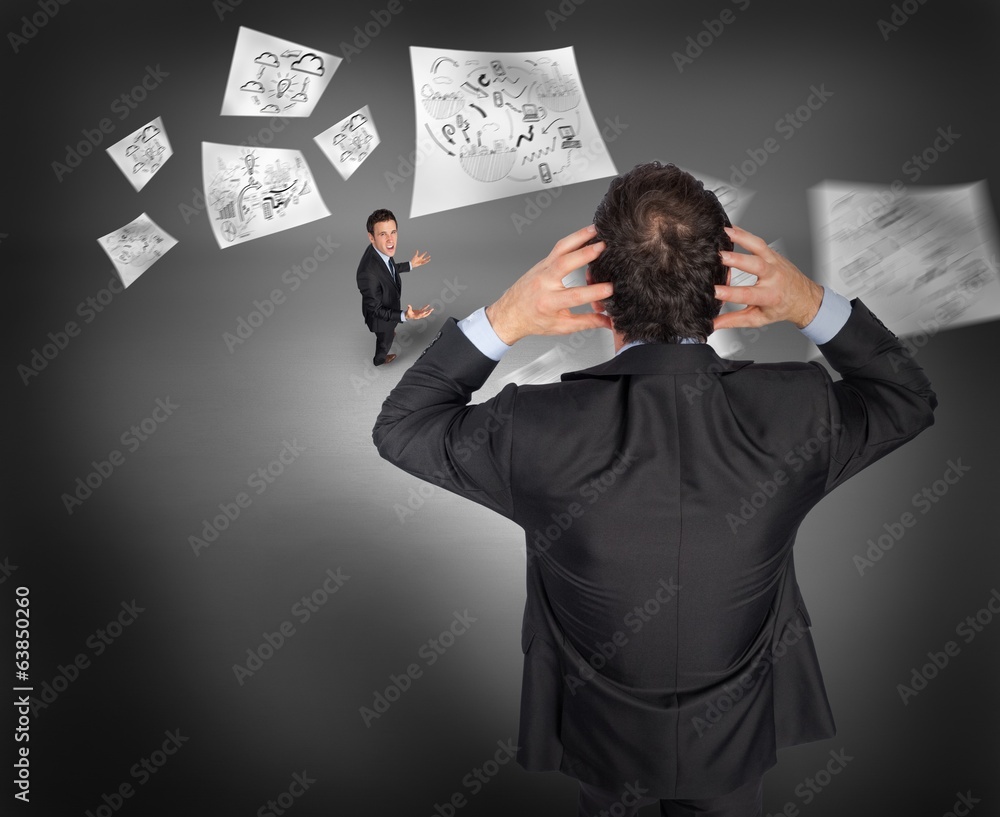 Poster composite image of stressed businessman with hands on head with