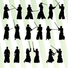 Active japanese Kendo sword martial arts fighters sport silhouet