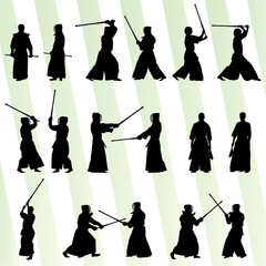 Active japanese Kendo sword martial arts fighters sport silhouet