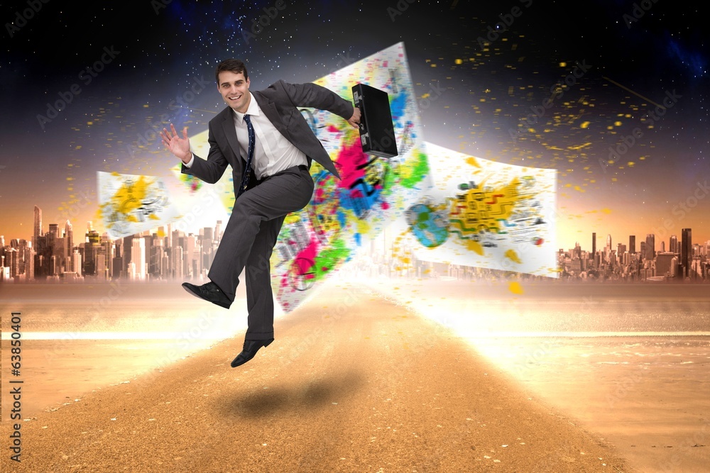 Poster composite image of smiling businessman in a hurry