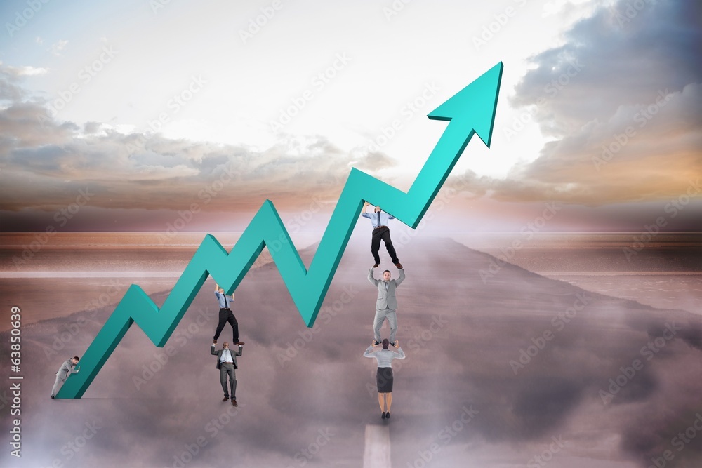 Poster composite image of business team holding up arrow