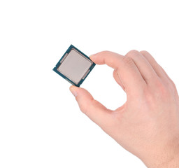 Hand holding a computer CPU chip.
