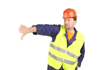 Worker in hard hat with hand thumb down.
