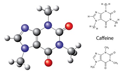 Structural chemical formula and model of caffeine molecule