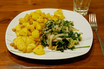vegan garlic-swiss chord with chick-peas and oven-potatoes