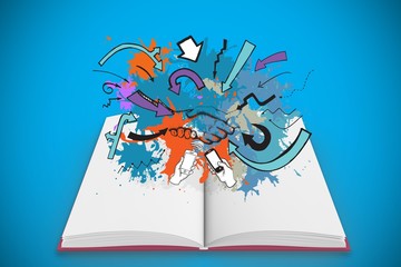 Image of communication concept on paint splashes on open book