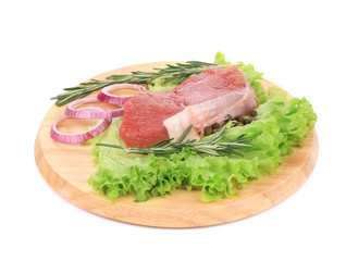 Raw beefsteak on platter.
