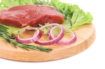 Raw beefsteak on platter.
