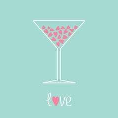 Martini glass with pink hearts inside. Love card.