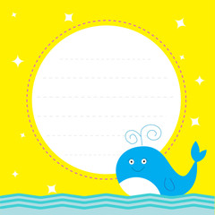 Frame with cute cartoon whale and sparkles. Happy Birthday party