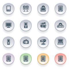 Electronics icons on color buttons.